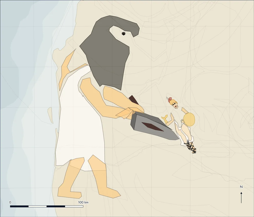 Catalogue plate: The Birth of Athena, traced on satellite imagery