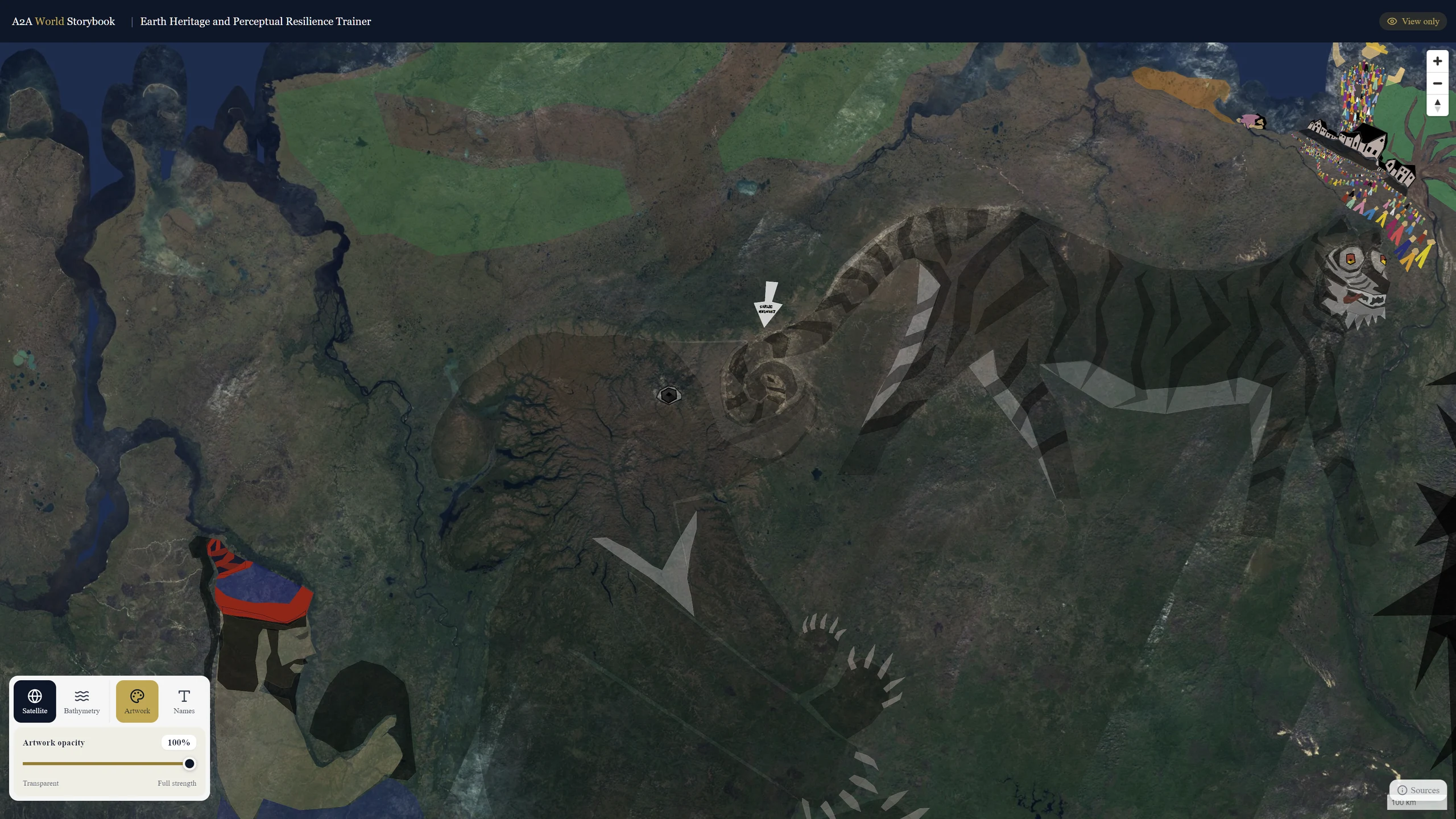 The A2A World Storybook showing the same region with the bear, the tiger and Hwanung, who points to the cave entrance, traced as overlays from the Dangun search