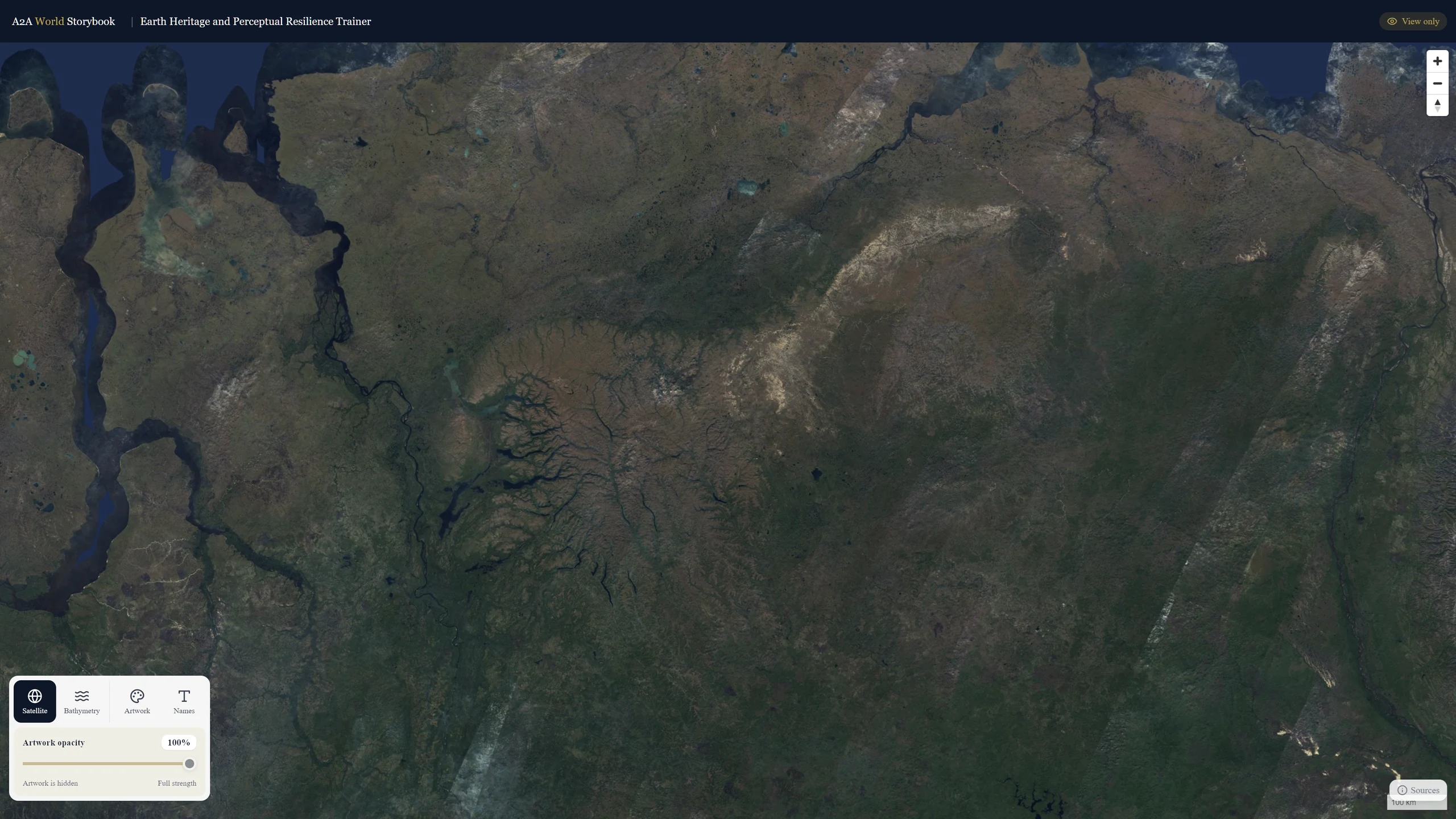 The A2A World Storybook showing the satellite view of the region, without any drawing