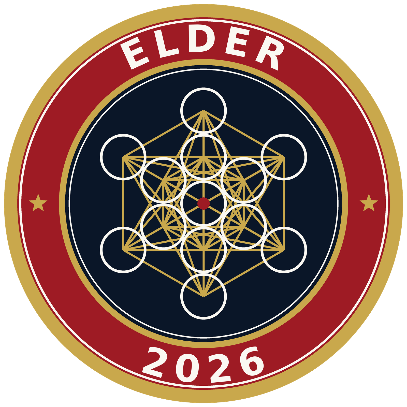 The ELDER patch: a red outer ring with the word ELDER and the certification year around a navy field bearing Metatron’s Cube