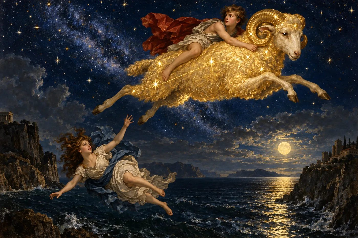 The golden ram carries Phrixus over the sea, while Helle falls into the strait that bears her name