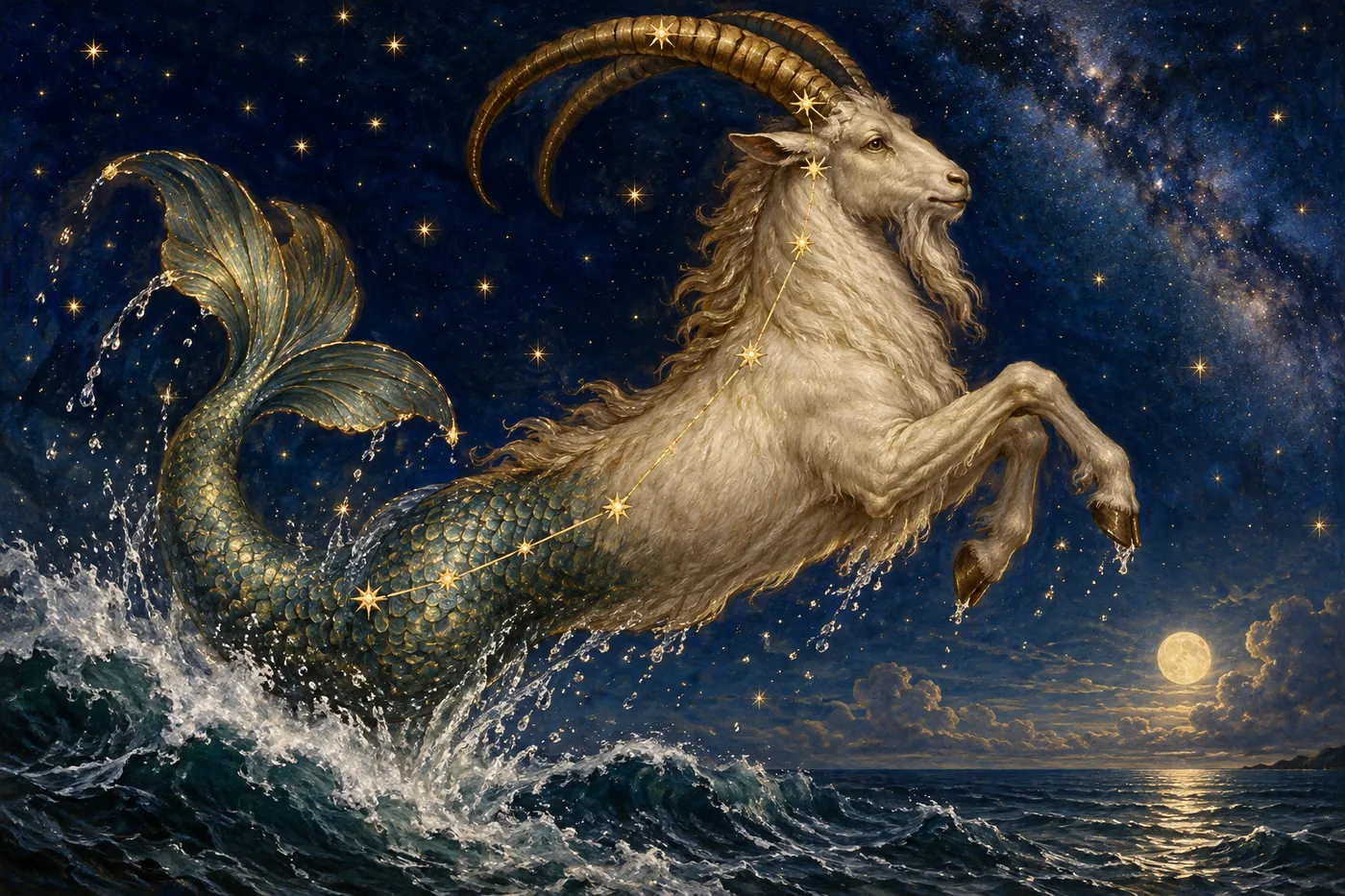 The Sea-Goat, emblem of Ea, leaps from the waters into the winter sky