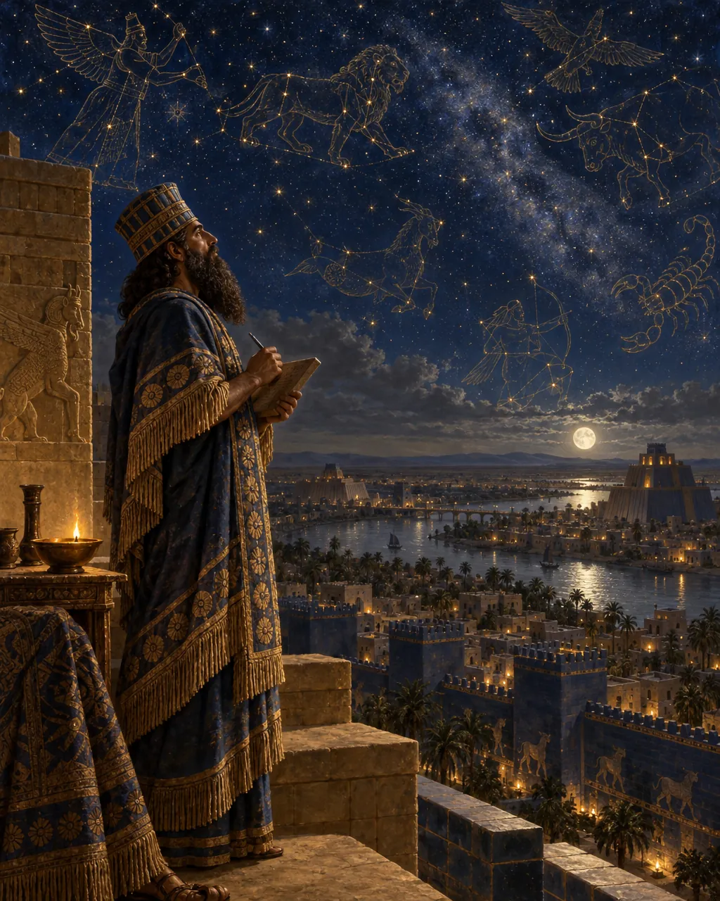A Babylonian astronomer-priest records the stars from the top of a ziggurat