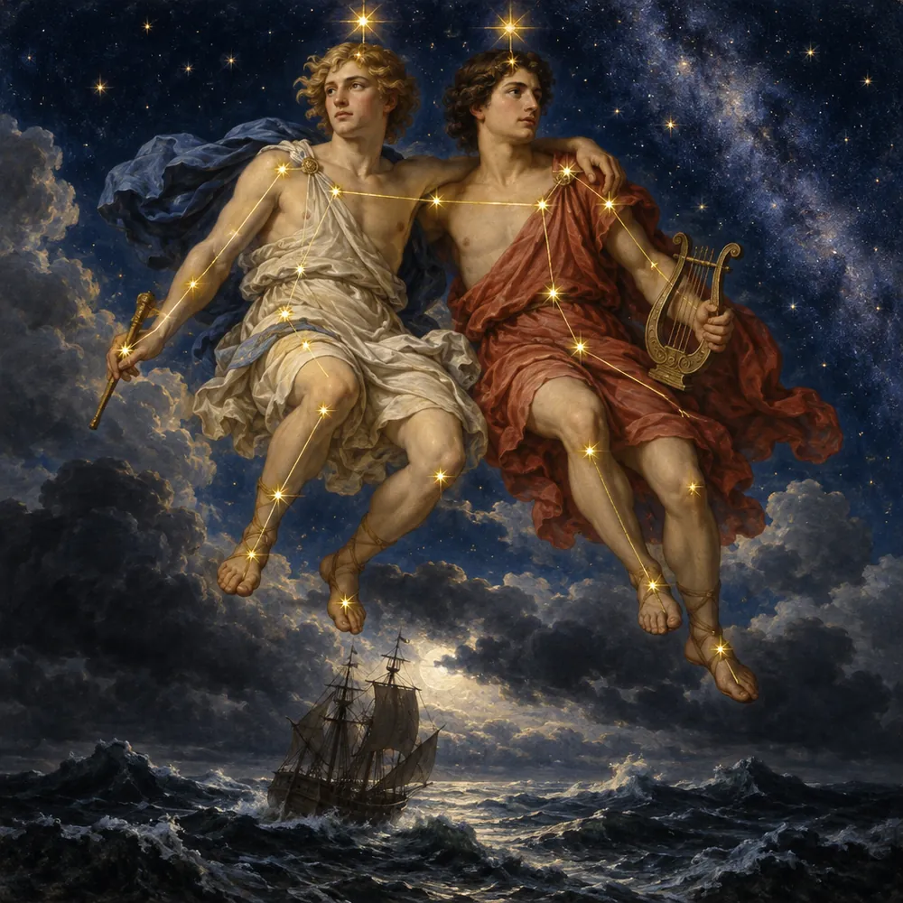 Castor and Pollux, a star above each head, keep watch over sailors in the storm
