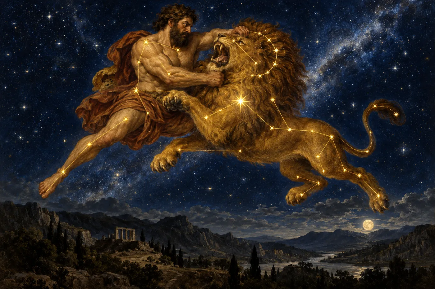 Heracles wrestles the Nemean Lion, whose golden hide no weapon could pierce