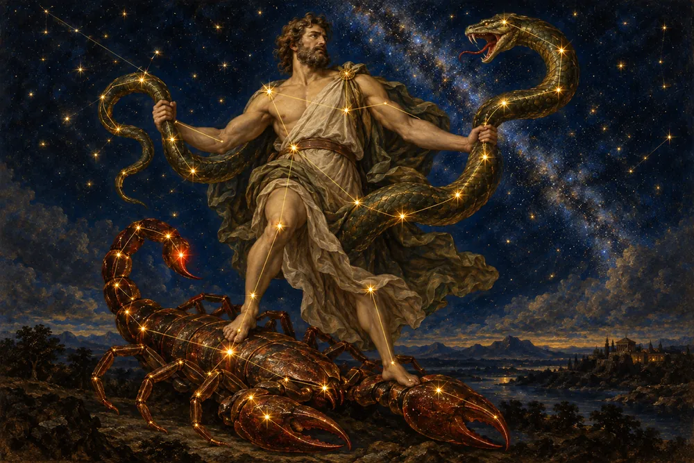 Asclepius the healer grasps the great Serpent, his feet upon the Scorpion: the thirteenth figure on the Sun’s path