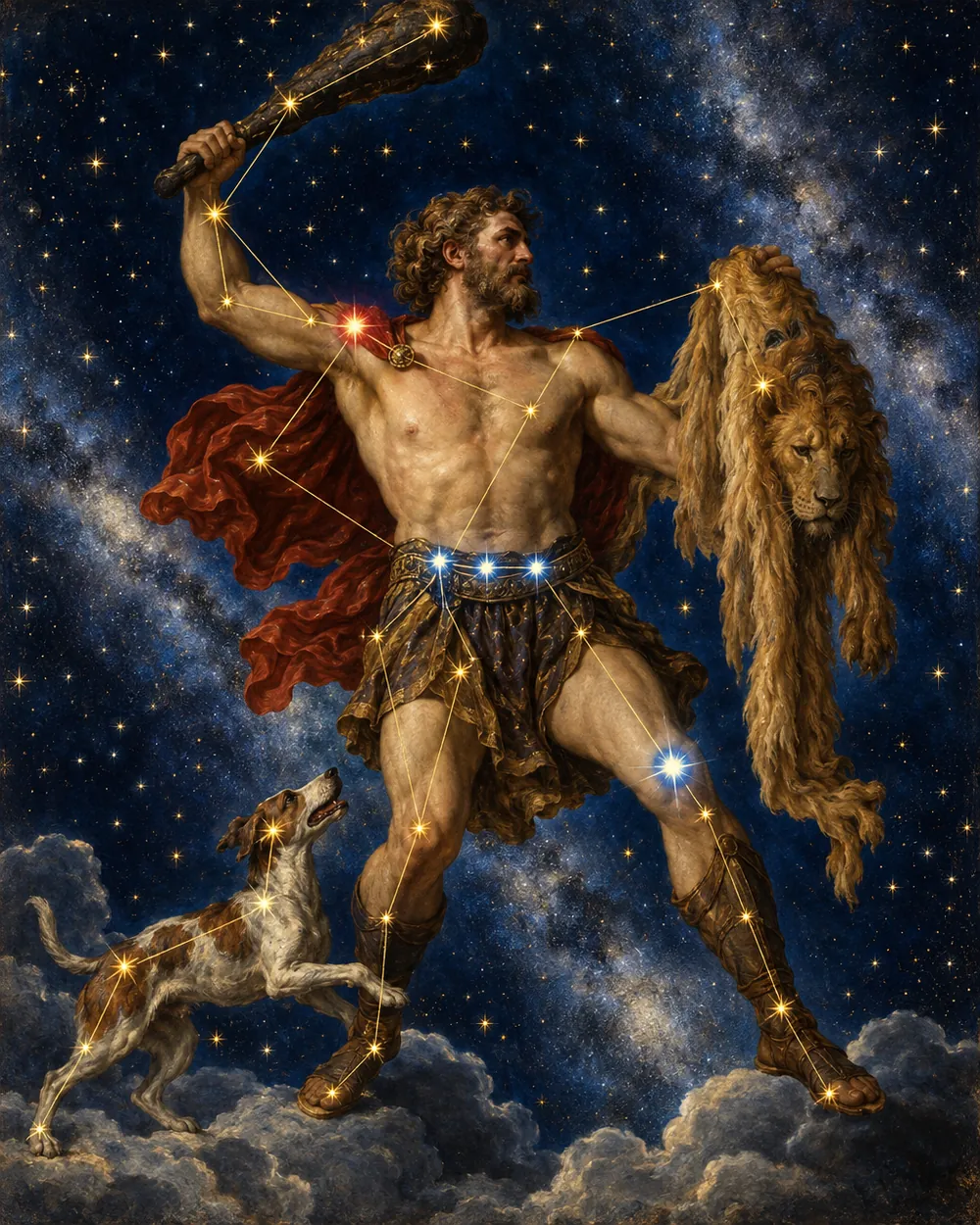 Orion with his club, lion pelt and belt of three stars