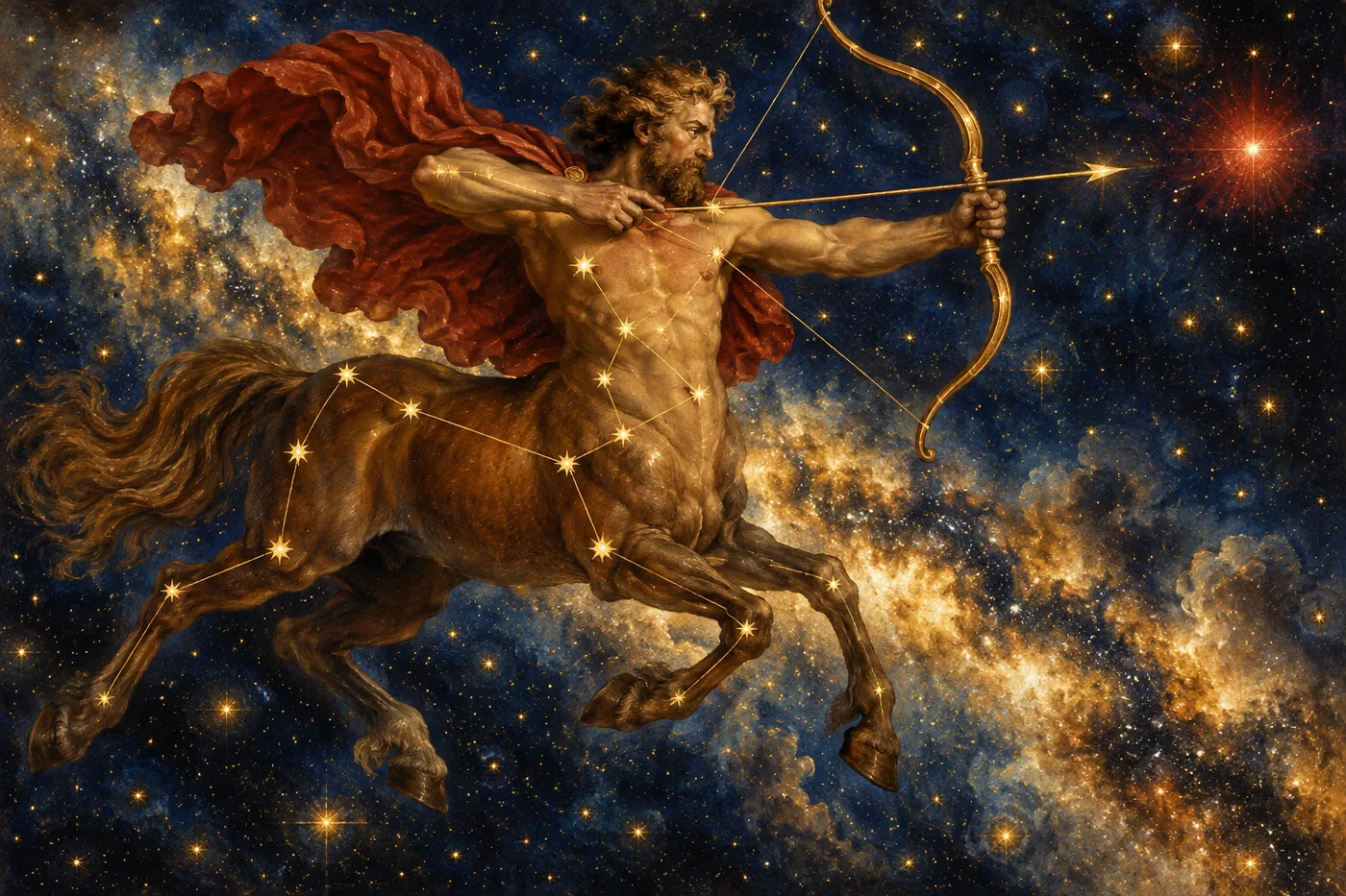 The centaur archer aims at the red heart of the Scorpion, in the brightest reach of the Milky Way