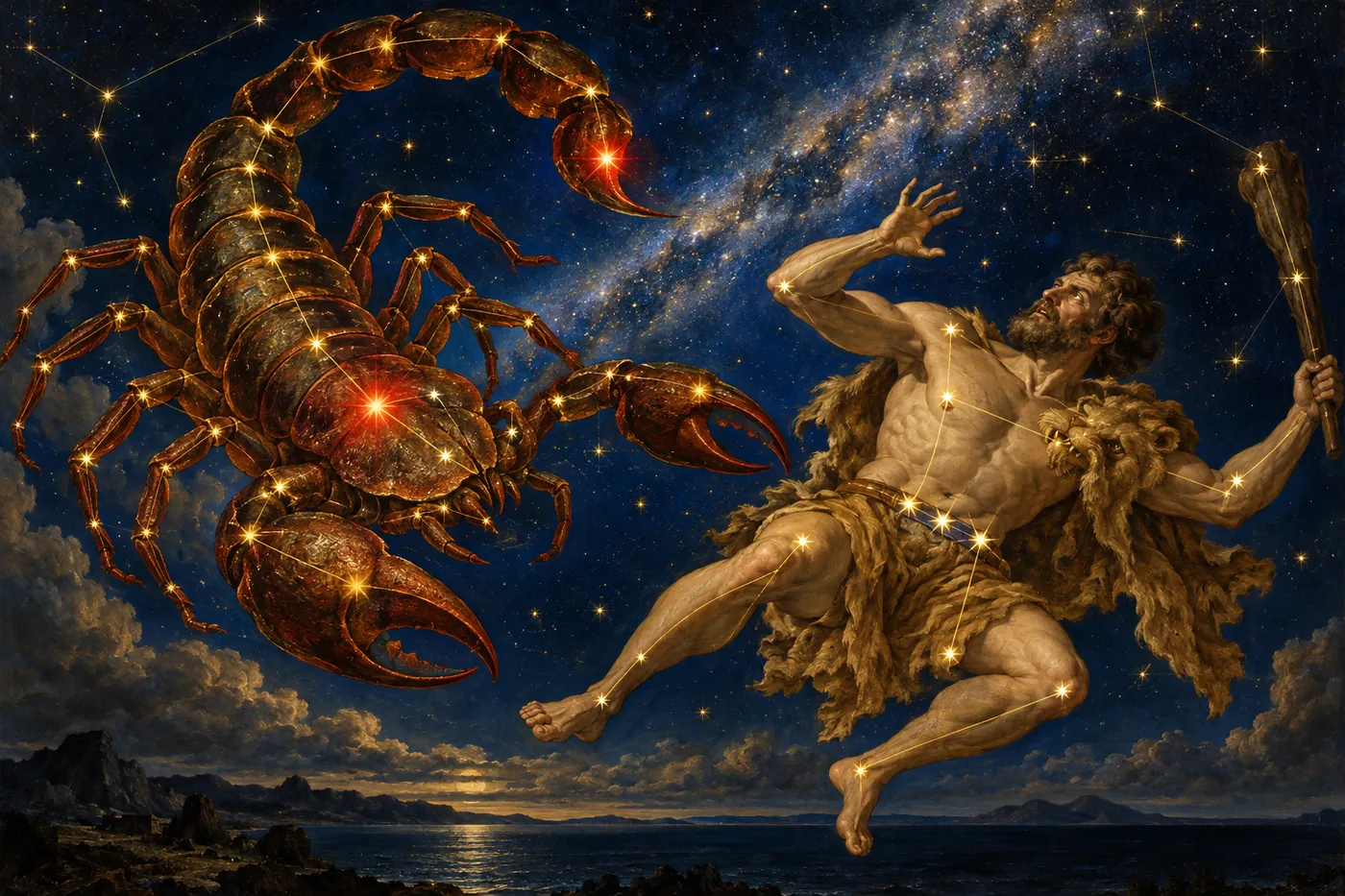 Gaia’s scorpion strikes, and the boastful hunter falls — they will never again share the sky