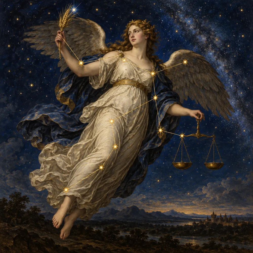 Astraea, the star-maiden, with her ear of grain and the Scales of justice